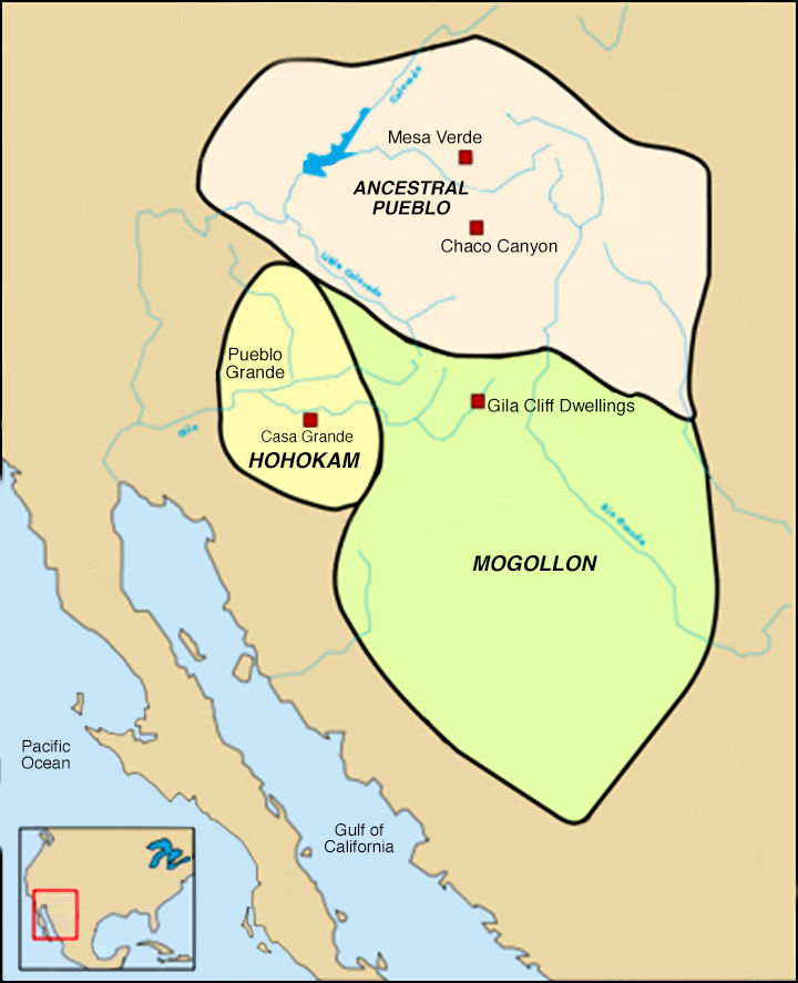 Obszar kulturowy Południowego Zachodu z uwzględnieniem terenów, na których rozwijały się najważniejsze kultury archeologiczne regionu. © Yuchitown Opublikowano na licencji CC BY-SA 4.0, via Wikipedia Commons