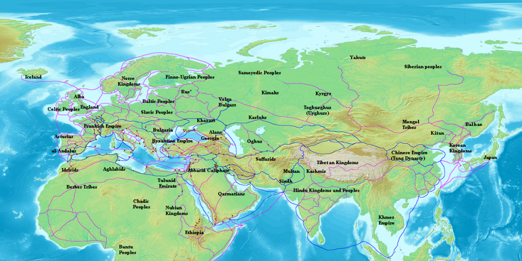 Mapa Eurazji ukazująca szlaki handlowe funkcjonujące w IX wieku n.e. Autor: Briangotts Opublikowano na licencji CC BY 2.5, via Wikipedia Commons