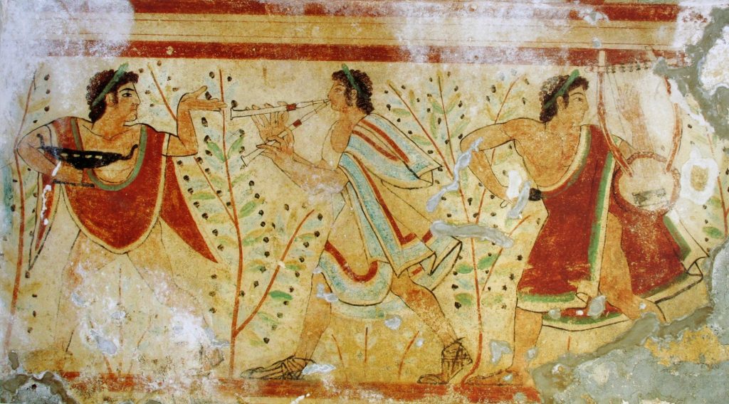 Fresk przedstawiający etruskich tancerzy i muzykantów Grobowiec Leopardów, nekropola Monterozzi, Tarquinia, Włochy, Domena Publiczna