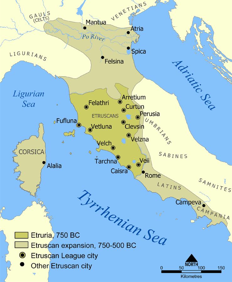 Etruria i zasięg etruskiej ekspansji na Półwyspie Apenińskim wyk. NormanEinstein, na licencji CC BY-SA 3.0, via Wikimedia Commons