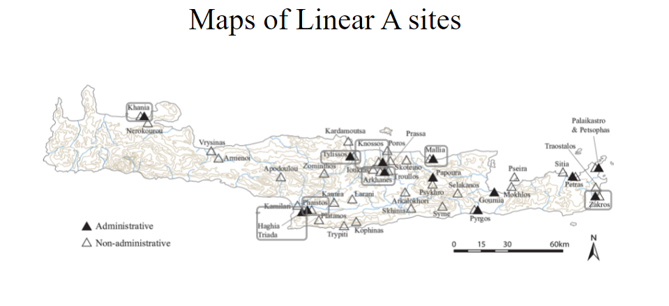 Mapa stanowisk, na których znaleziono ślady pisma linearnego A (źródło https://sigla.phis.me/index.html na podstawie licencji CC BY-SA 3.0)