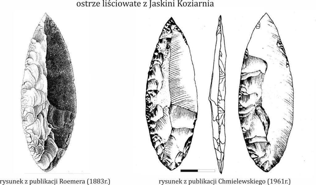 Krzemienne ostrze liściowate znalezione przez Roemera w jaskini Koziarnia. Rysunek pochodzi z publikacji autora z 1883 roku