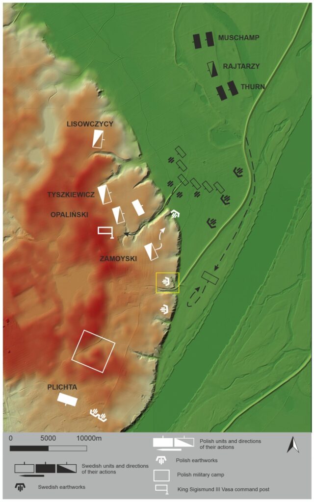 Plan bitwy pod Gniewem, 1626 r. Widoczne oznaczenia polskich redut, w tym tych w Ciepłym. Grafika S. Wadyl, na podstawie Sikorski 1965:441, na licencji CC BY 4.0