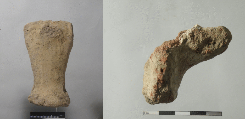 Figurki kobr z Tell el-Retaba. Od lewej: fragment korpusu z rozłożonym kołnierzem i fragment głowy zwierzęcia z profilu. © P. Sójka, S. Rzepka