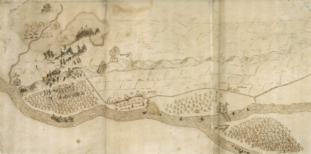 Anonimowa mapa okolic Gniewu, sporządzona w 1626 r. w wyniku wojny polsko-szwedzkiej. Mewe 1626, 21/9. Bitwa pod Gniewem 1626. Most polowy i umocniony przyczółek mostowy przy Falkenau. Umocniony obóz armii szwedzkiej pod Grünhof. Obóz armii polskiej zaznaczony schematycznie. Atak na polskie pozycje między Ciepłem a Gniewem. Kod referencyjny: SE/KrA/0425/01/119