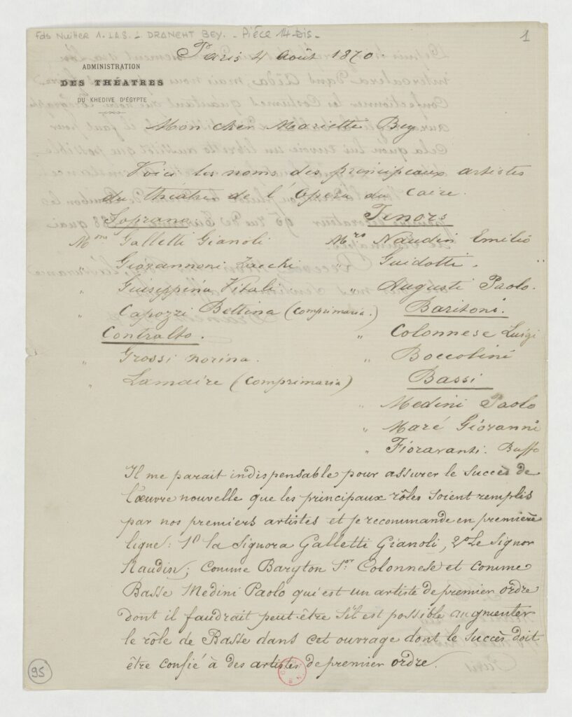 List Draneht Bey do Mariette'a na temat „Aidy”, w którym przekazuje mu listę głównych artystów Teatru w Kairze. Paryż, 4 sierpnia 1870 r. Domena Publiczna