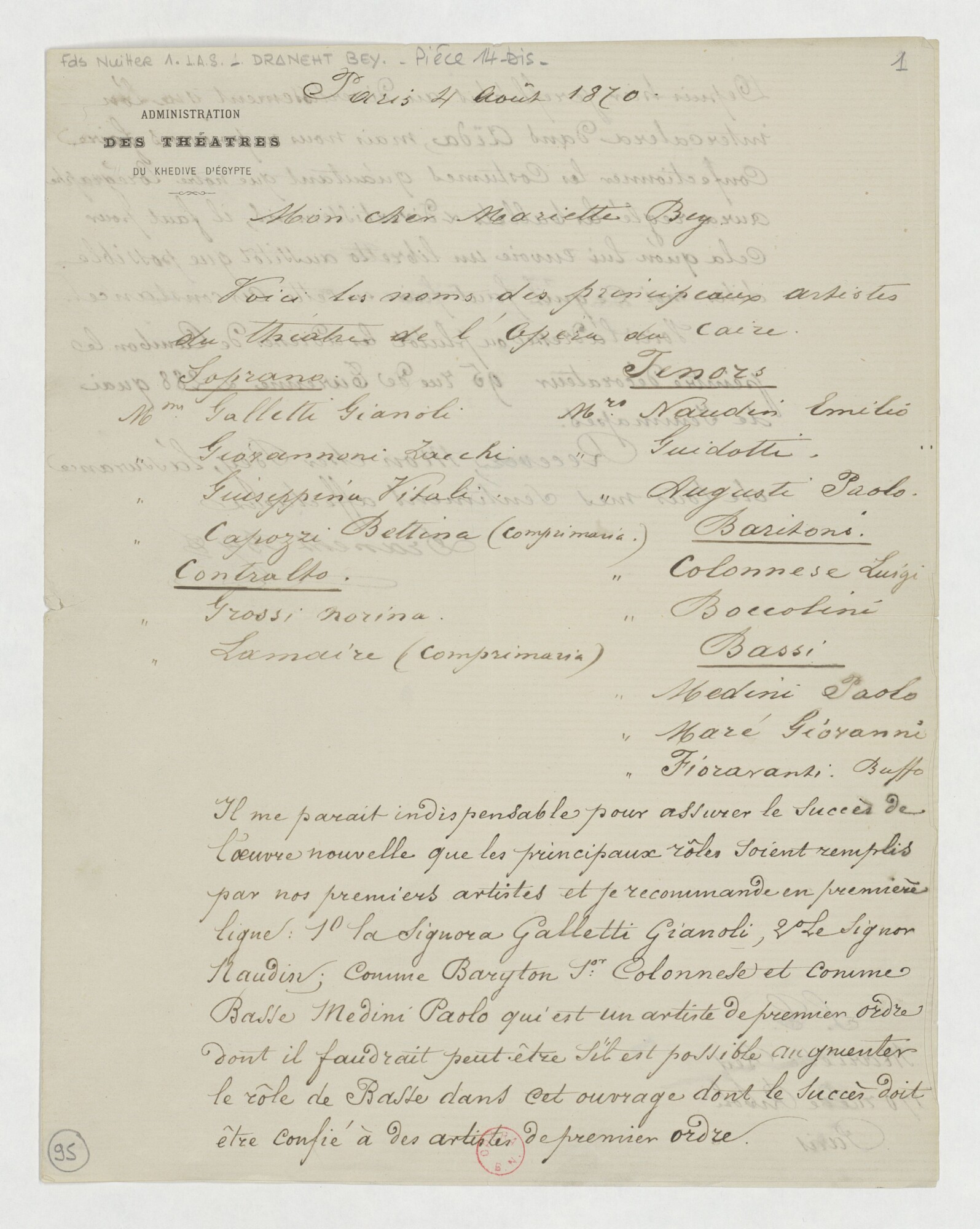 List Draneht Bey do Mariette'a na temat „Aidy”, w którym przekazuje mu listę głównych artystów Teatru w Kairze. Paryż, 4 sierpnia 1870 r. Domena Publiczna