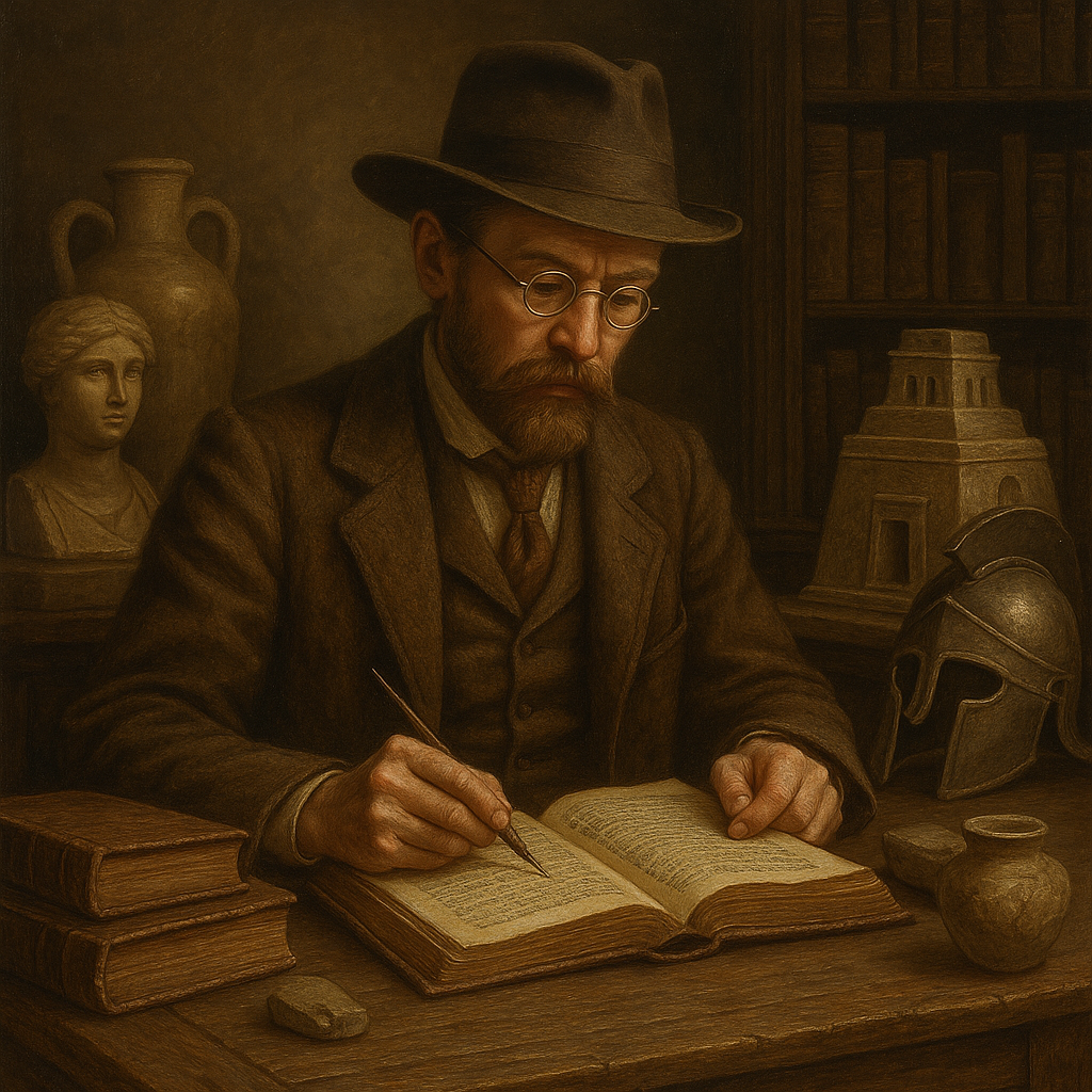 Ilustracja wykonana w ChatGPT. Prompt: archeolog w XIX-wiecznym gabinecie, pochylony nad książkami i notatkami, otoczony zabytkami, ilustracja w stylu XIX wieku, realistyczny rysunek tuszem, ed. J.M.C.