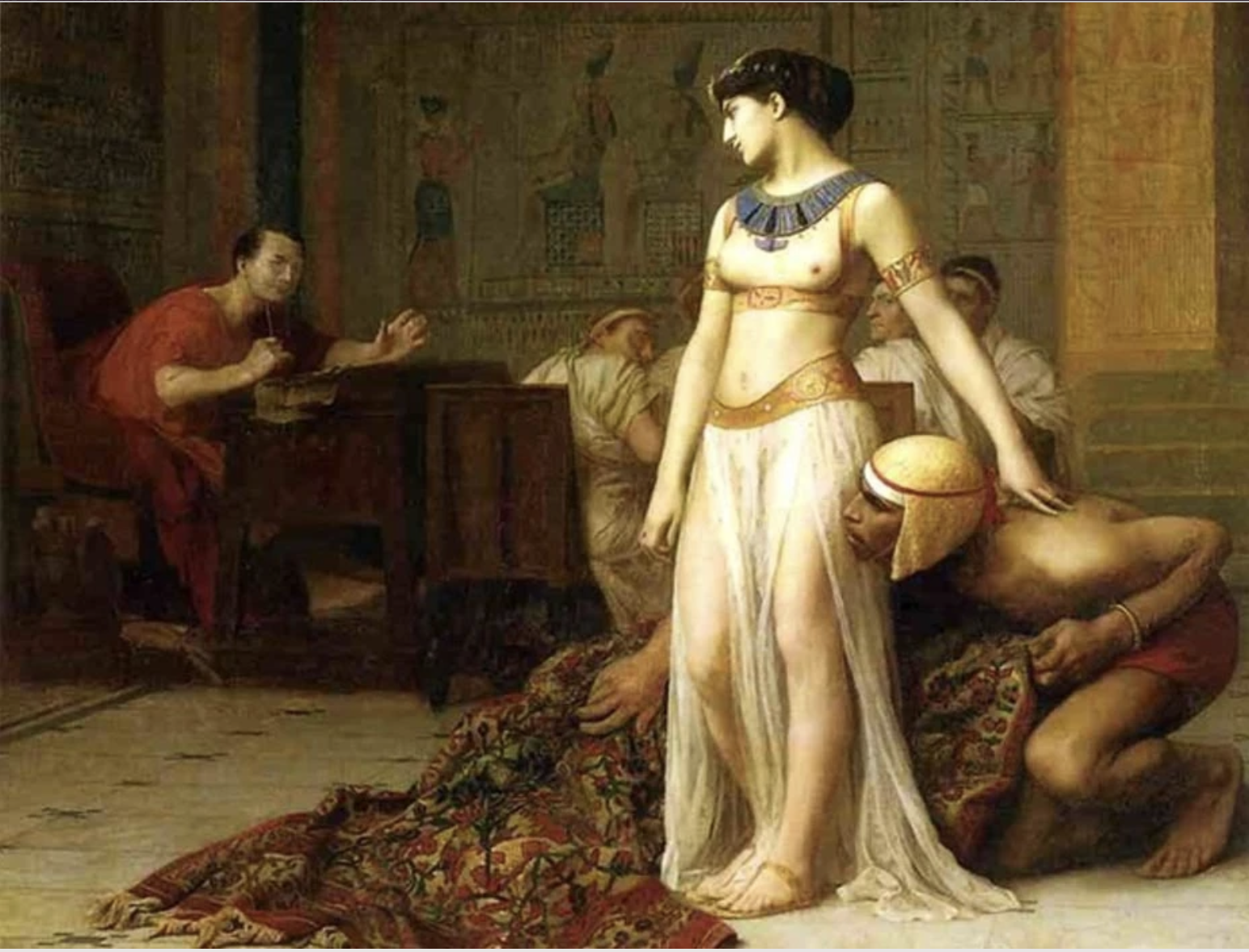 Obraz „Kleopatra i Cezar, pierwsze spotkanie” autorstwa Jean-Léon GérômeDomena publiczna
