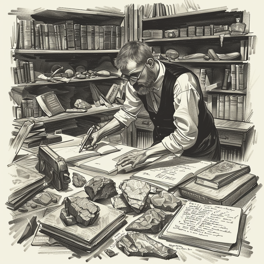 Ilustracja wykonana w Midjourney. Promt: archeolog w XIX-wiecznym gabinecie, pochylony nad książkami i notatkami, otoczony zabytkami, ilustracja w stylu XIX wieku, realistyczny rysunek tuszem, ed. J.M.C.