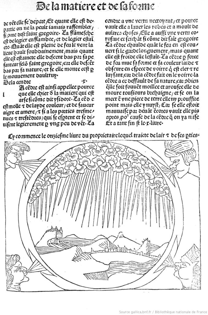 Ilustracja z Livre x. De l'air. : les quatre vents soufflant sur la terre.Autor tekstu: Barthélemy de Glanville. Domena publiczna