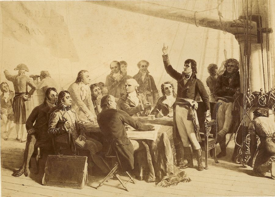 Bonaparte na pokładzie statku Océana rozmawiający z uczonymi wyprawy do Egiptu, 1798.Domena publiczna Sfinks autorstwa Dominique Vivant Denon CC BY-SA 3.0