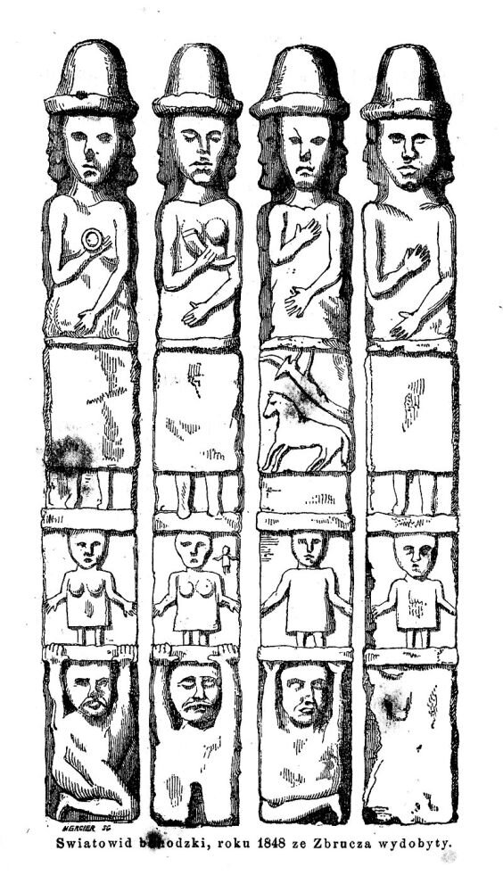 Widok poszczególnych stron posągu ze Zbrucza. Rysunek z książki "Narody na ziemiach słowiańskich przed powstaniem Polski" Joachima Lelewela.Domena publiczna