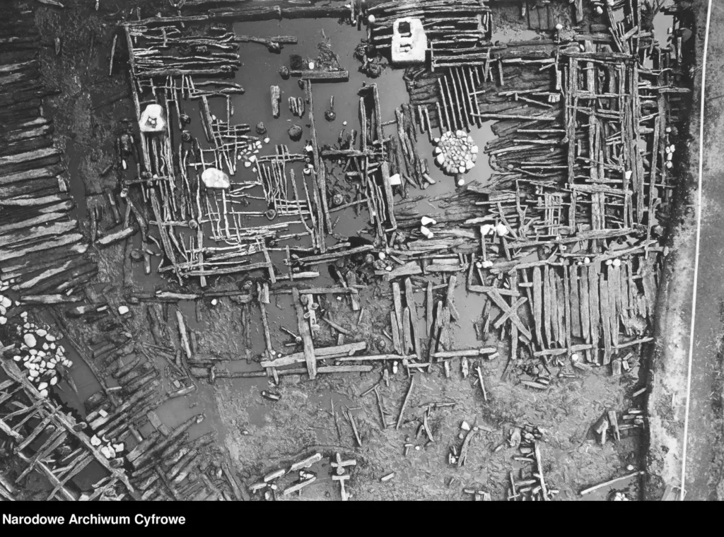 Wykopaliska na terenie osady kultury łużyckiej w Biskupinie. Widok ogólny terenu wykopalisk (fot. Maria Berman, domena publiczna, z Narodowe Archiwum Cyfrowe, nr 3/1/0/10/995