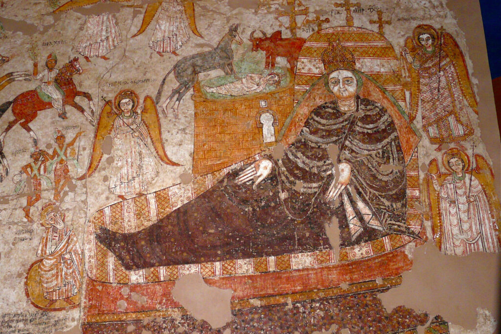 „Narodziny Jezusa Chrystusa” – obraz z XI wieku pochodzący z katedry w Faras, przechowywany w Muzeum Narodowym Sudanu w Chartumie.© Isma'il Kushkush, Domena Publiczna