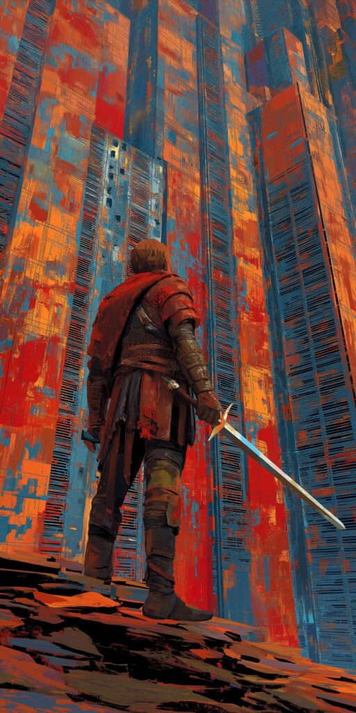 Ilustracja wykonana w Midjourey, promt: obraz abstrakcyjny, wczesnośredniowieczny rycerz w centrum danych ed. J.M.Chyla