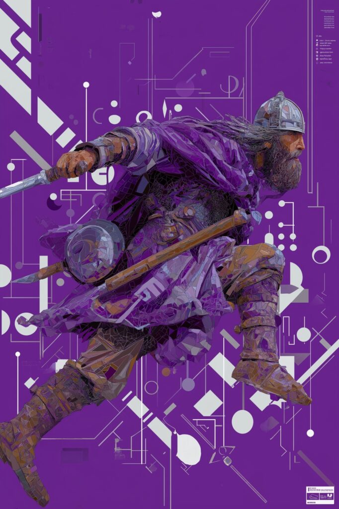 Ilustracja wykonana w Midjourey, promt: obraz abstrakcyjny, wczesnośredniowieczny rycerz w centrum danych ed. J.M.Chyla