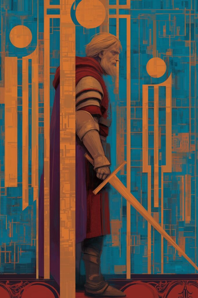 Ilustracja wykonana w Midjourey, promt: obraz abstrakcyjny, wczesnośredniowieczny rycerz w centrum danych ed. J.M.Chyla