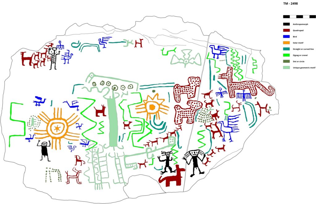 Przerys petroglifów z zachodniej ściany bloku TM 2498.przerys: J. Z. Wołoszyn ©  Archiwum PIA-TM, na licencji CC BY-NC-ND 4.0.