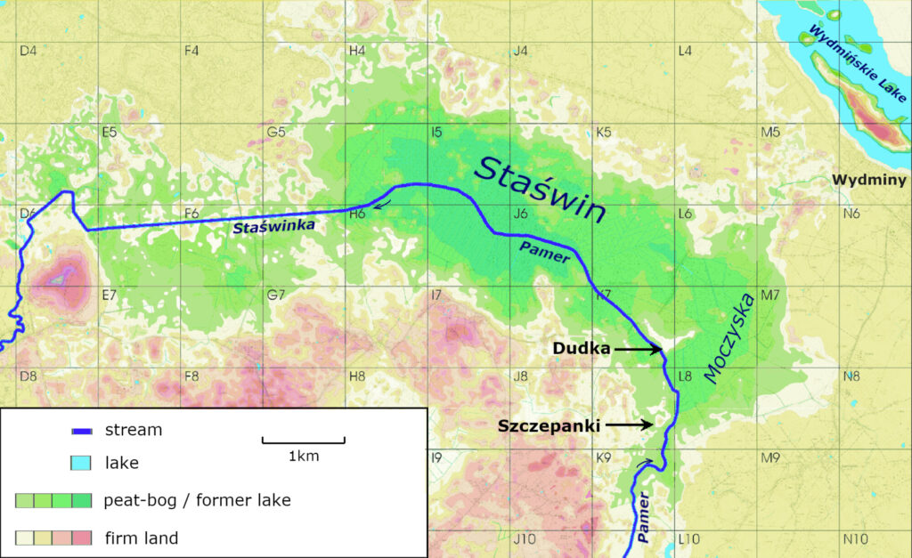 Jezioro Staświn i lokalizacja stanowisk archeologicznych w Dudce i Szczepankach. © Bugajska et al. 2026 